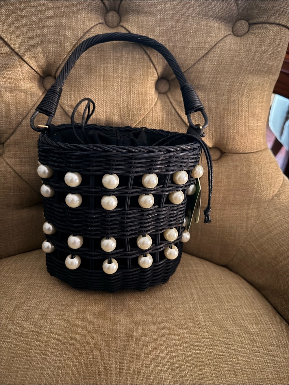 kate spade Black Woven Pearl-Accent Mini Bucket Bag